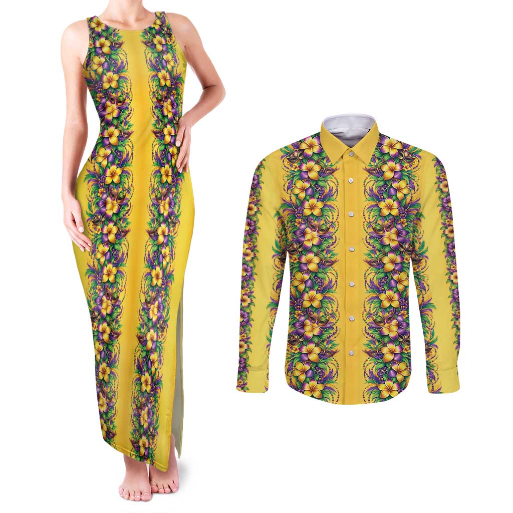 Aloha Hawaii Mardi Gras Couples Matching Tank Maxi Dress and Long Sleeve Button Shirt Gold Style LT05 Gold - Polynesian Pride