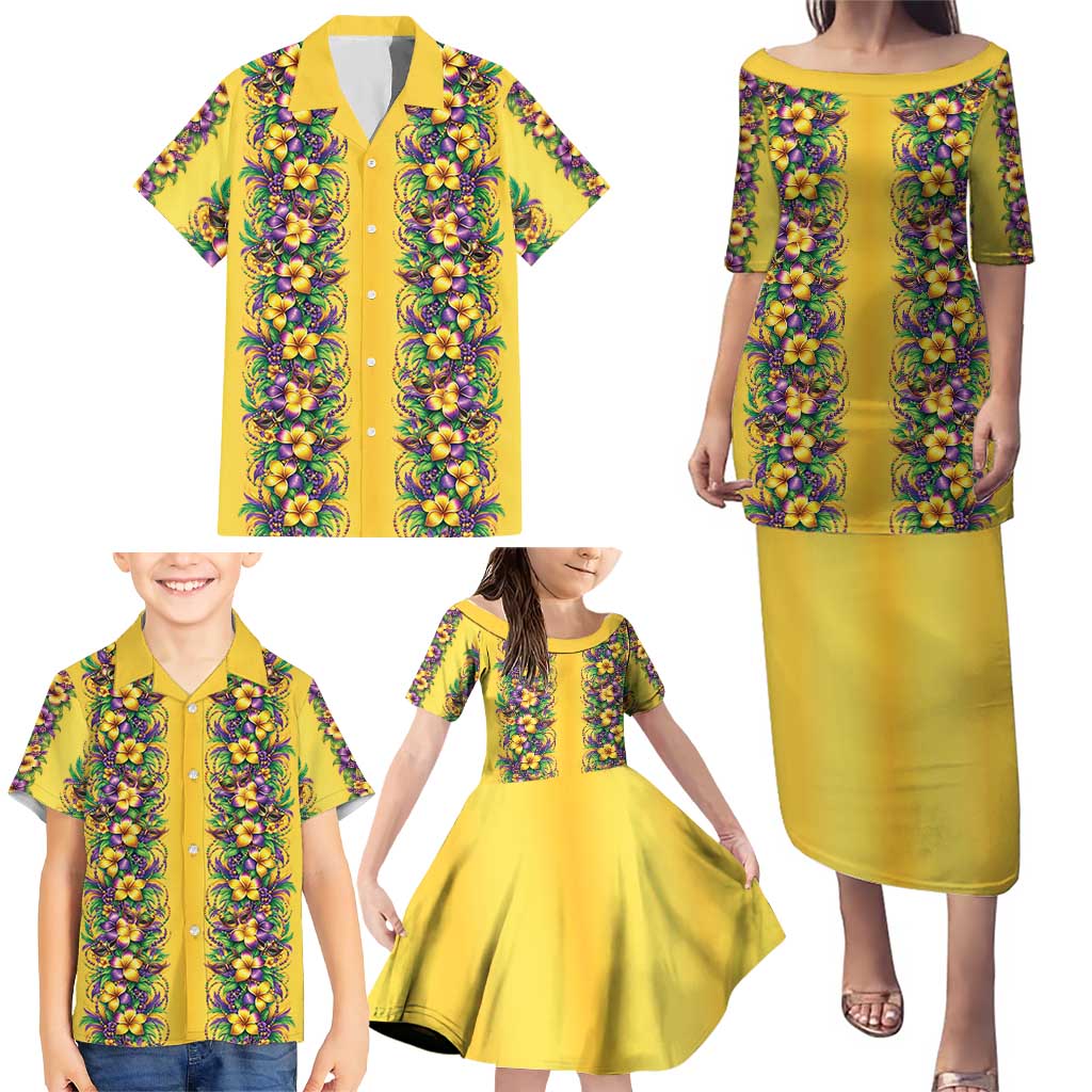 Aloha Hawaii Mardi Gras Family Matching Puletasi and Hawaiian Shirt Gold Style