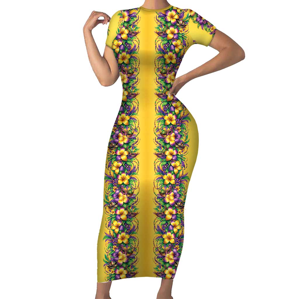 Aloha Hawaii Mardi Gras Short Sleeve Bodycon Dress Gold Style LT05 Long Dress Gold - Polynesian Pride