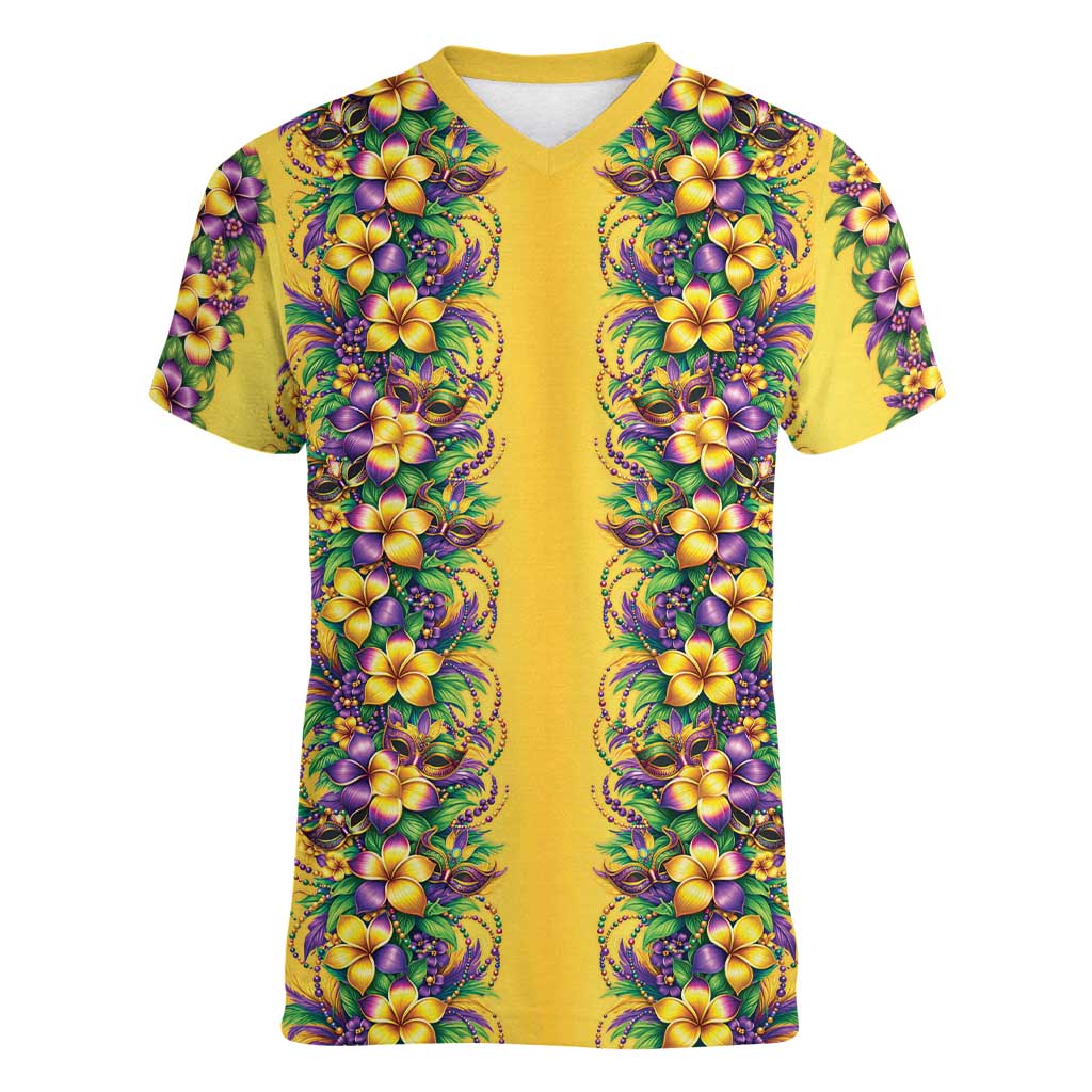 Aloha Hawaii Mardi Gras Women V-Neck T-Shirt Gold Style LT05 Female Gold - Polynesian Pride
