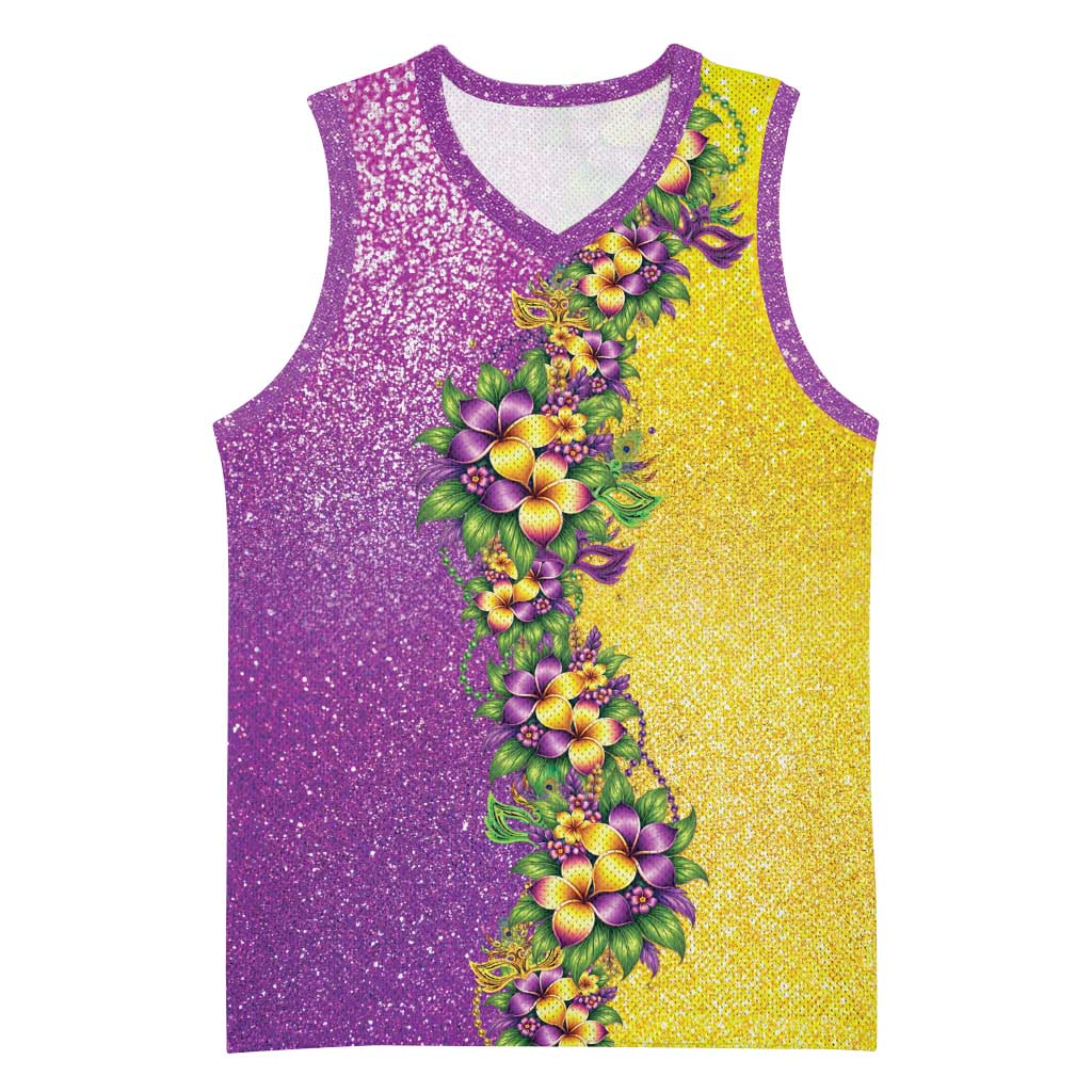 Hawaii Mardi Gras Basketball Jersey Plumeria Lei Beads Glitter Style