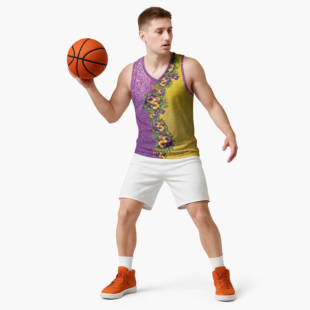 Hawaii Mardi Gras Basketball Jersey Plumeria Lei Beads Glitter Style