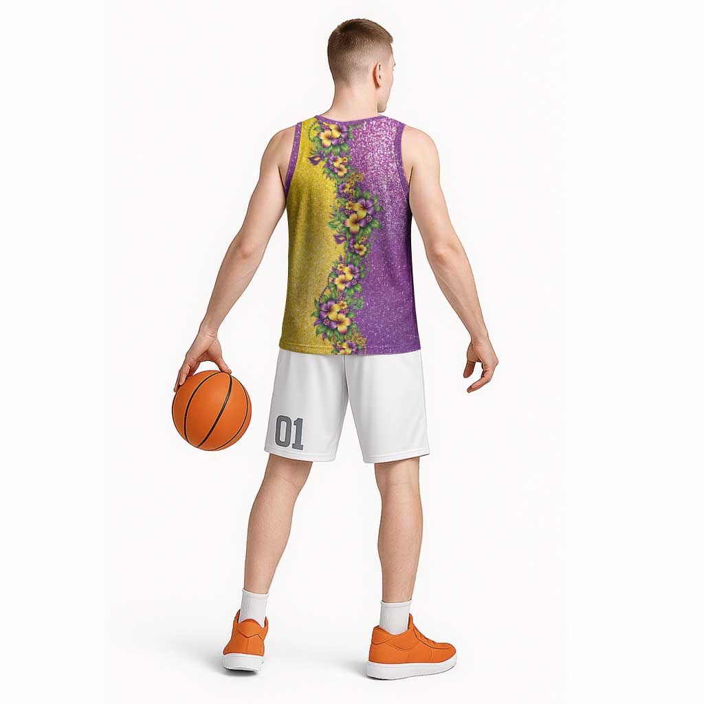 Hawaii Mardi Gras Basketball Jersey Plumeria Lei Beads Glitter Style