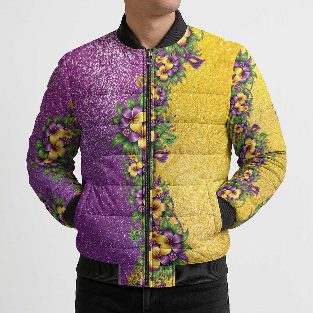 Hawaii Mardi Gras Bomber Puffer Jacket Plumeria Lei Beads Glitter Style