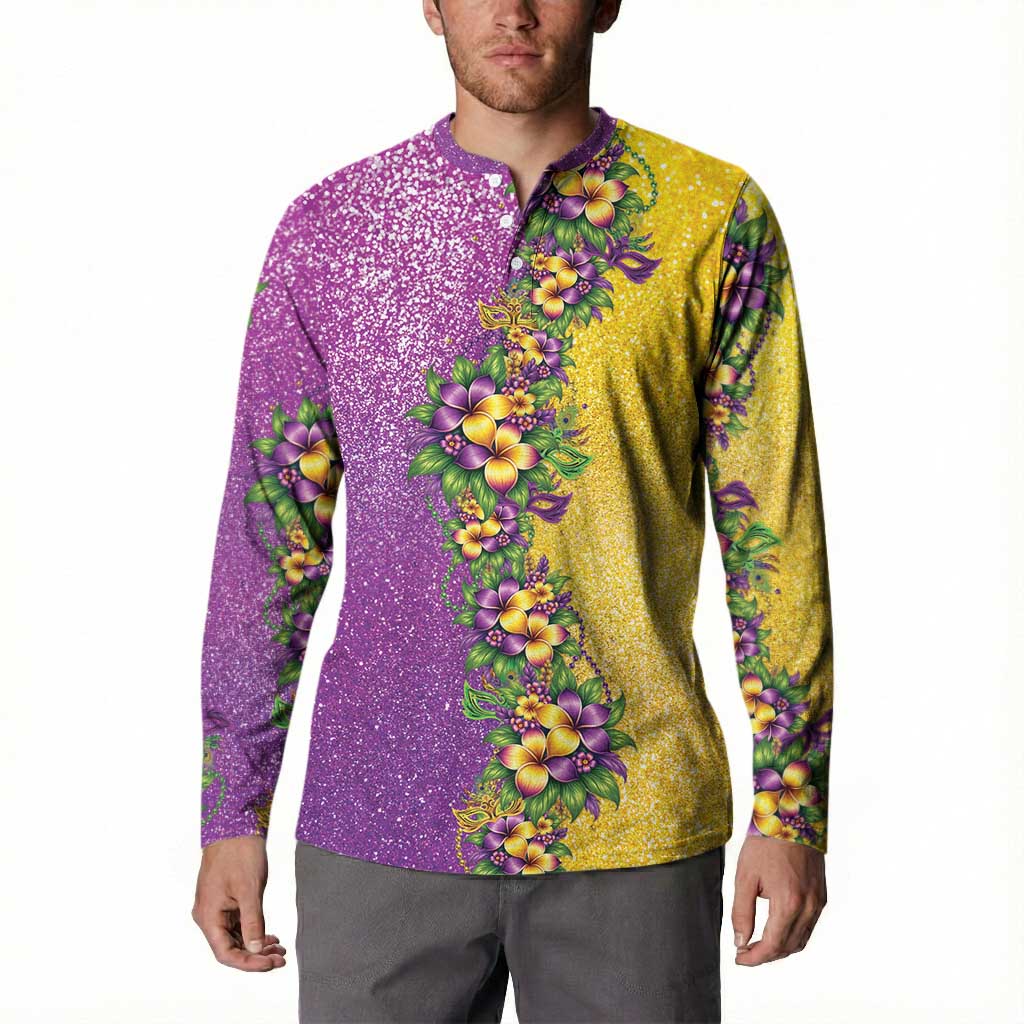 Hawaii Mardi Gras Button Sweatshirt Plumeria Lei Beads Glitter Style