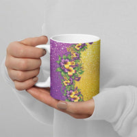 Hawaii Mardi Gras Ceramic Mug Plumeria Lei Beads Glitter Style