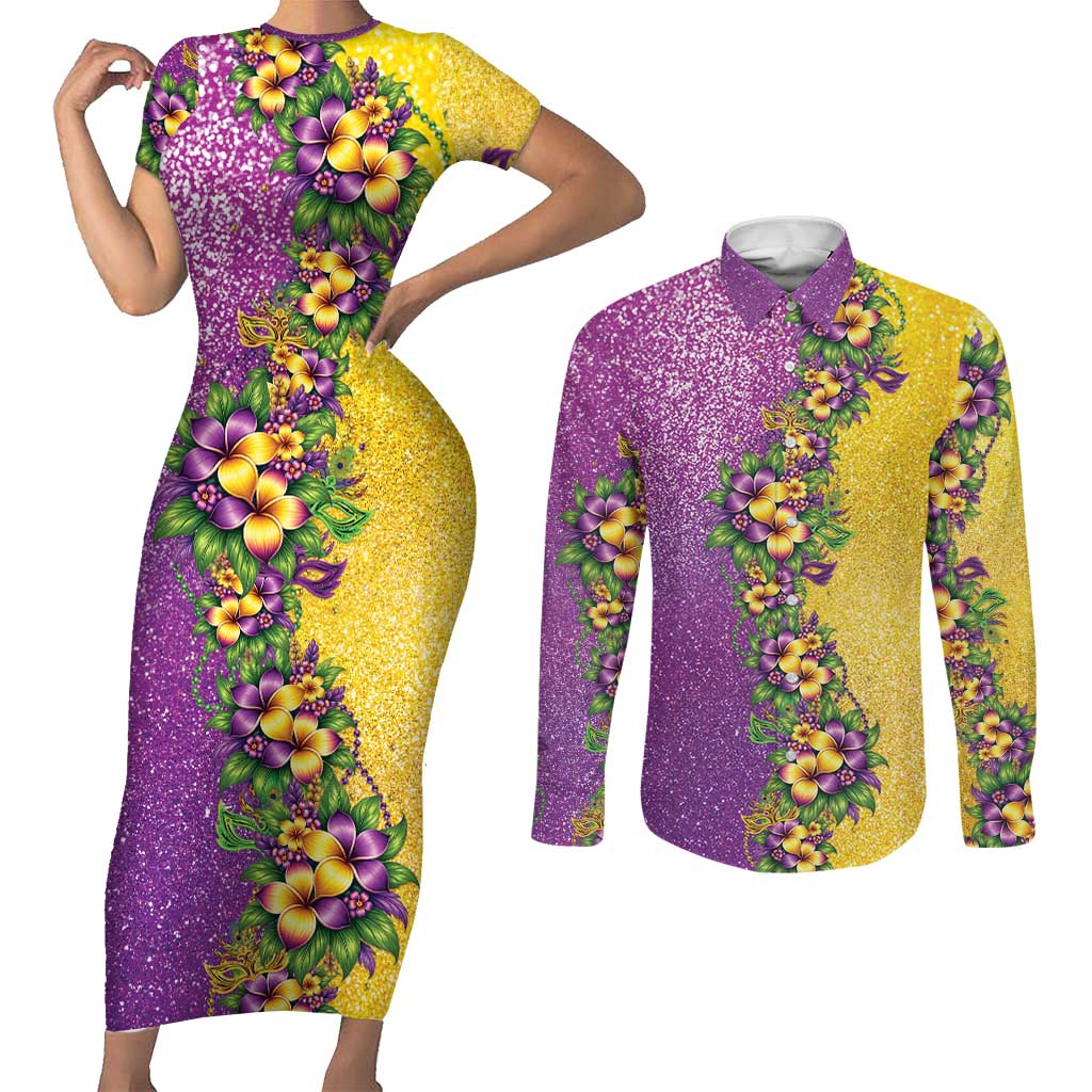 Hawaii Mardi Gras Couples Matching Short Sleeve Bodycon Dress and Long Sleeve Button Shirt Plumeria Lei Beads Glitter Style LT05 Colorful - Polynesian Pride