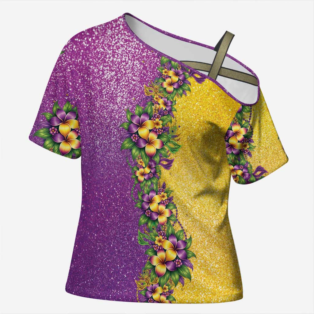 Hawaii Mardi Gras Cross Shoulder Shirt Plumeria Lei Beads Glitter Style