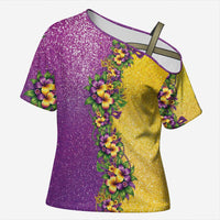 Hawaii Mardi Gras Cross Shoulder Shirt Plumeria Lei Beads Glitter Style
