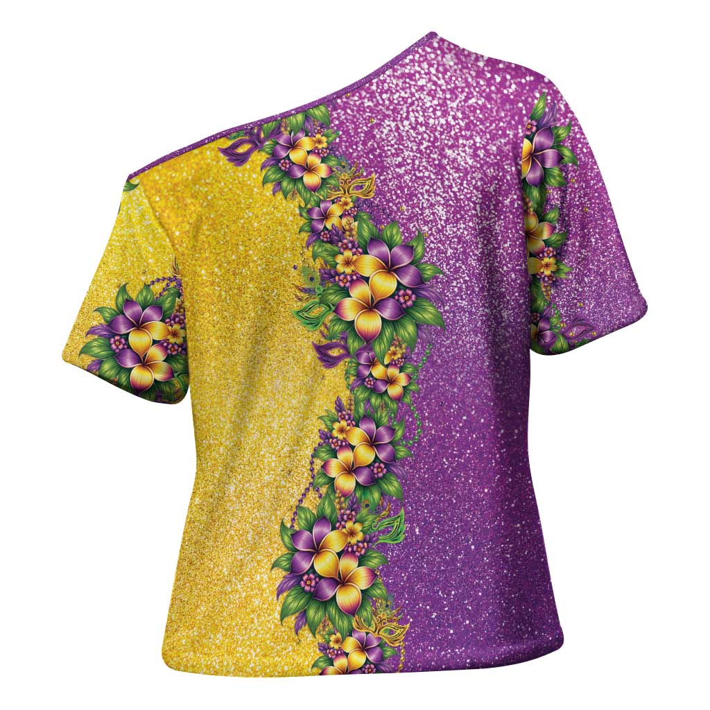 Hawaii Mardi Gras Cross Shoulder Shirt Plumeria Lei Beads Glitter Style