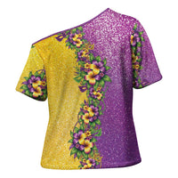 Hawaii Mardi Gras Cross Shoulder Shirt Plumeria Lei Beads Glitter Style