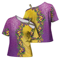 Hawaii Mardi Gras Cross Shoulder Shirt Plumeria Lei Beads Glitter Style