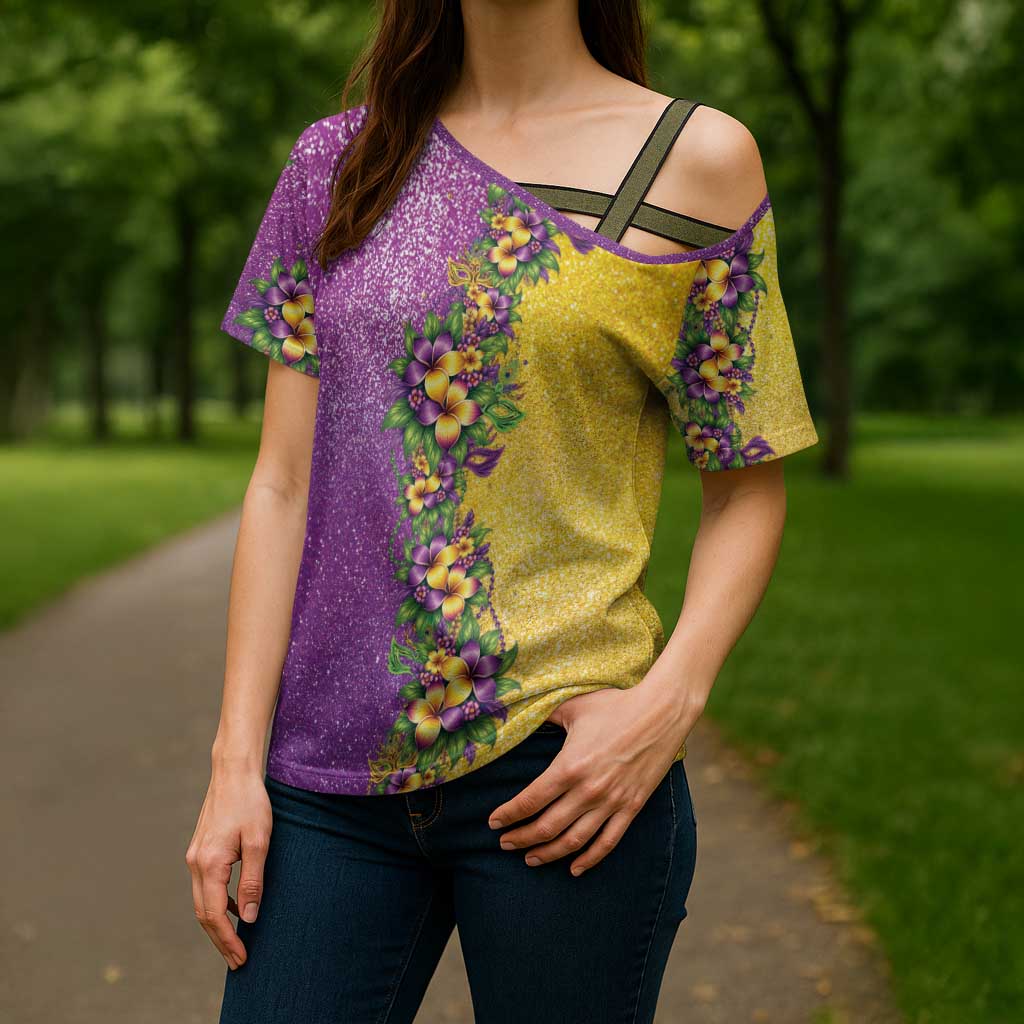 Hawaii Mardi Gras Cross Shoulder Shirt Plumeria Lei Beads Glitter Style