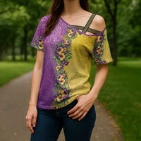 Hawaii Mardi Gras Cross Shoulder Shirt Plumeria Lei Beads Glitter Style