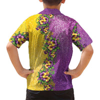 Hawaii Mardi Gras Family Matching Off Shoulder Short Dress and Hawaiian Shirt Plumeria Lei Beads Glitter Style
