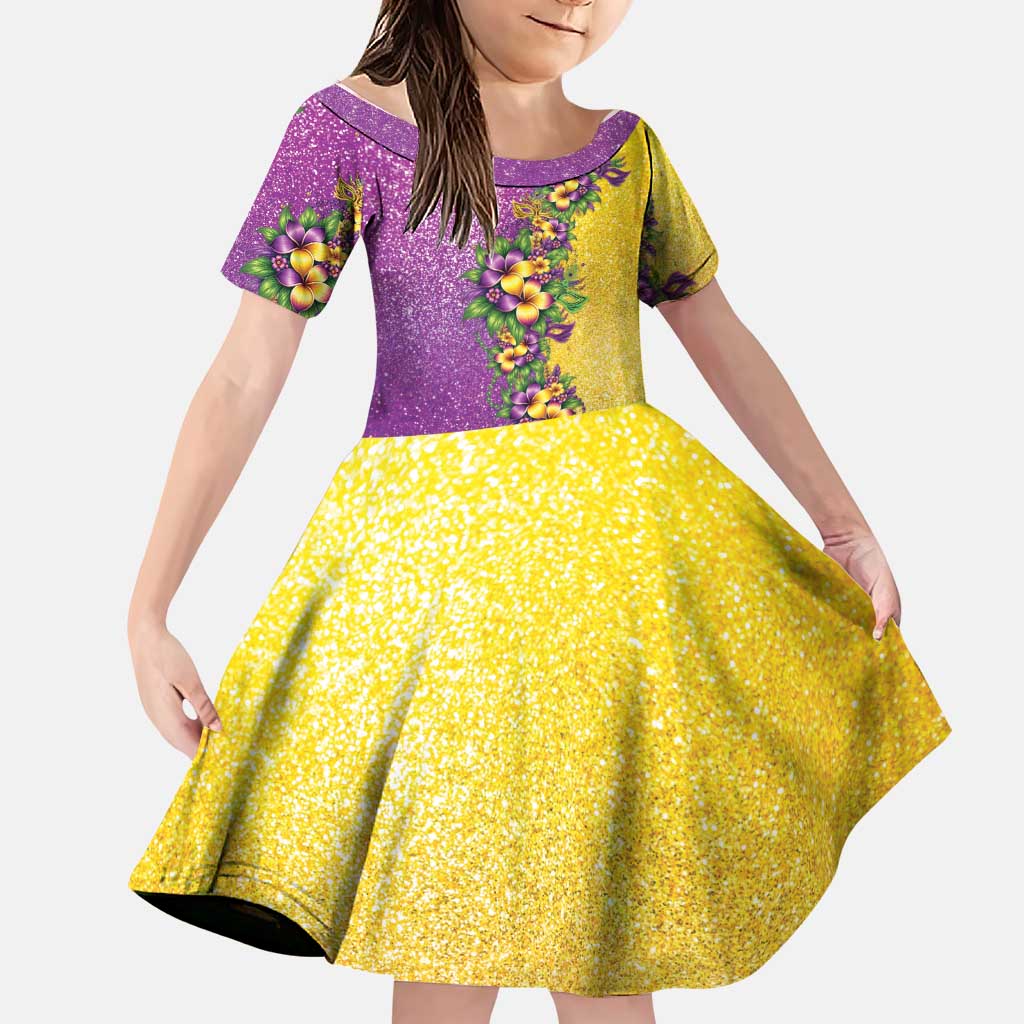 Hawaii Mardi Gras Family Matching Off Shoulder Short Dress and Hawaiian Shirt Plumeria Lei Beads Glitter Style
