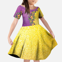 Hawaii Mardi Gras Family Matching Off Shoulder Short Dress and Hawaiian Shirt Plumeria Lei Beads Glitter Style