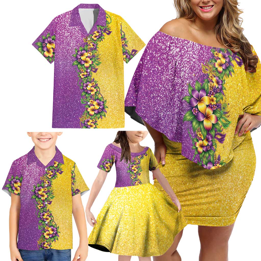 Hawaii Mardi Gras Family Matching Off Shoulder Short Dress and Hawaiian Shirt Plumeria Lei Beads Glitter Style