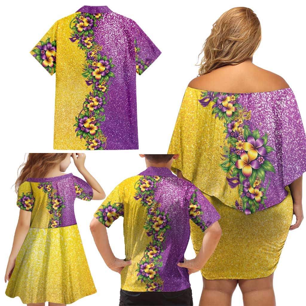 Hawaii Mardi Gras Family Matching Off Shoulder Short Dress and Hawaiian Shirt Plumeria Lei Beads Glitter Style