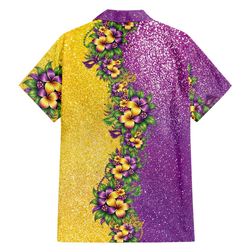 Hawaii Mardi Gras Family Matching Off Shoulder Short Dress and Hawaiian Shirt Plumeria Lei Beads Glitter Style