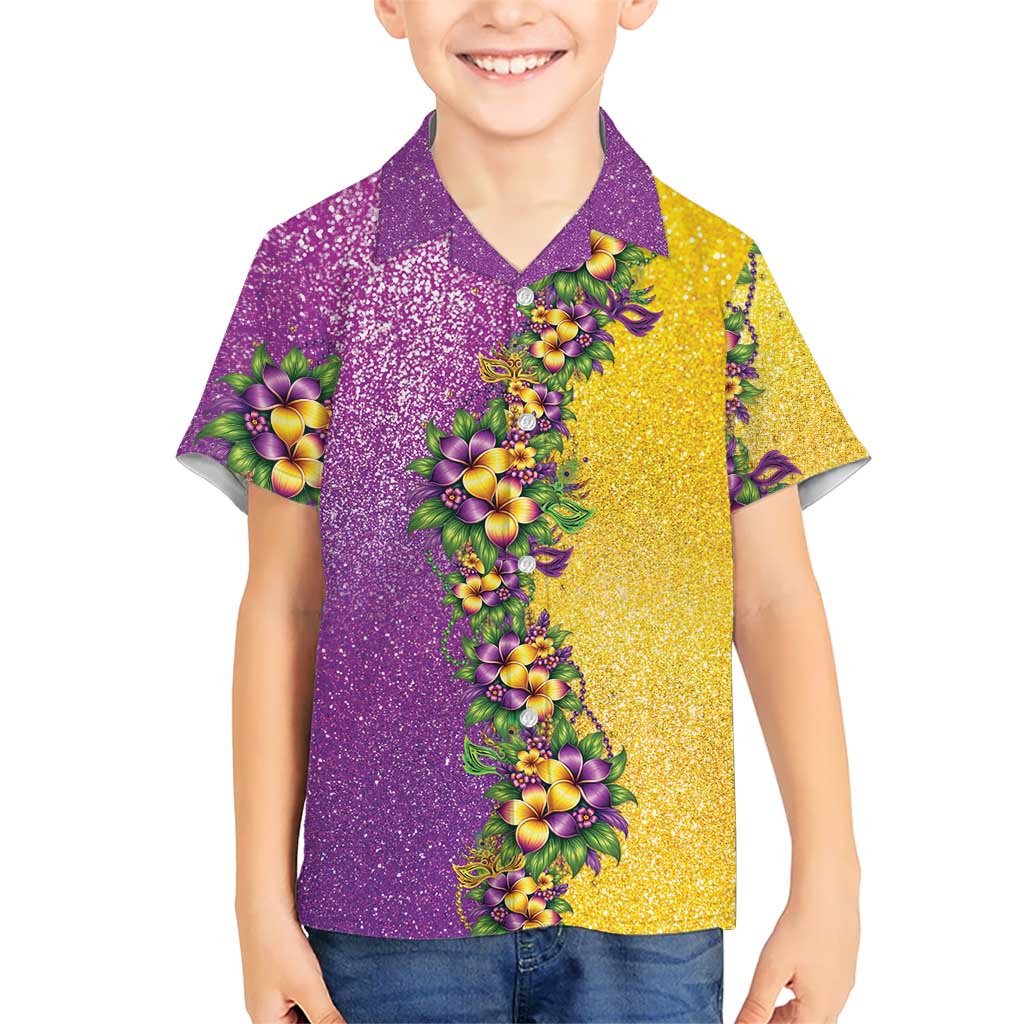 Hawaii Mardi Gras Family Matching Off Shoulder Short Dress and Hawaiian Shirt Plumeria Lei Beads Glitter Style