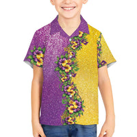 Hawaii Mardi Gras Family Matching Off Shoulder Short Dress and Hawaiian Shirt Plumeria Lei Beads Glitter Style
