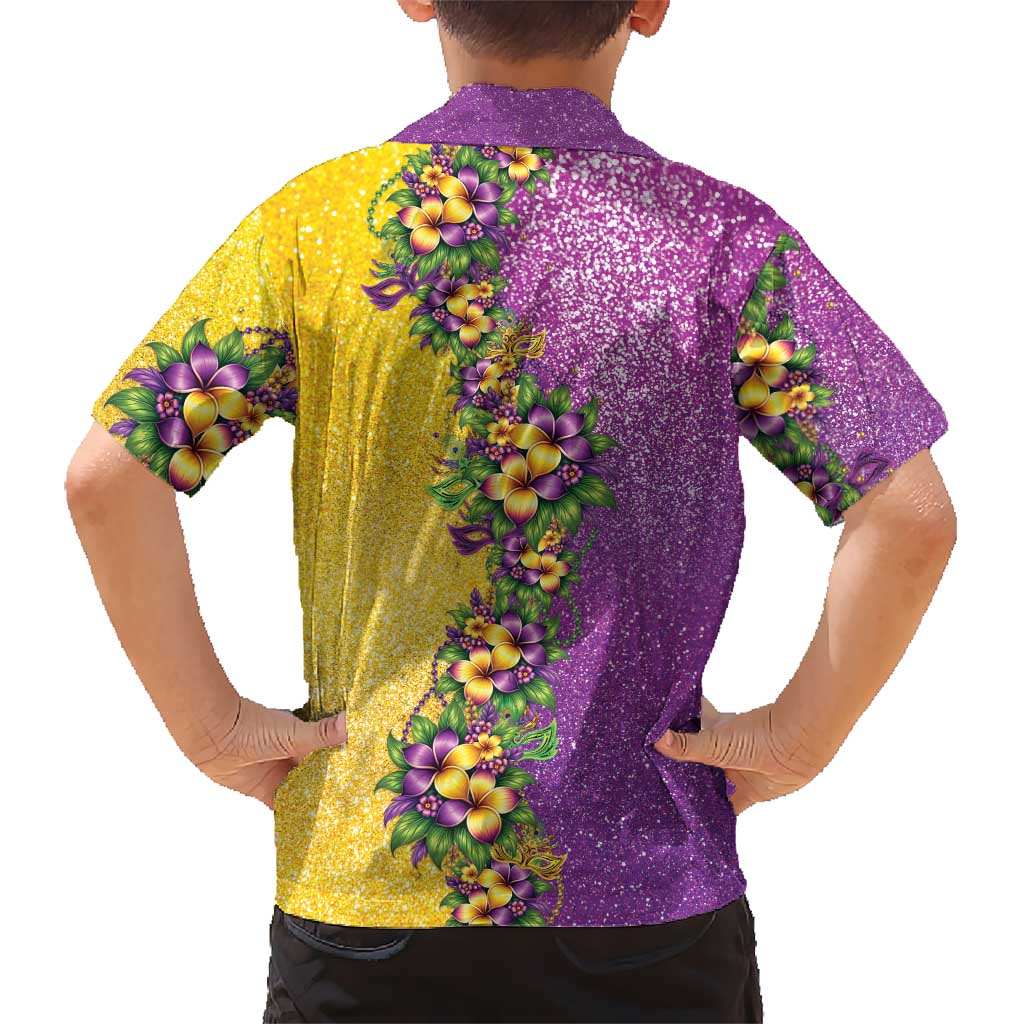 Hawaii Mardi Gras Family Matching Summer Maxi Dress and Hawaiian Shirt Plumeria Lei Beads Glitter Style