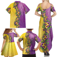 Hawaii Mardi Gras Family Matching Summer Maxi Dress and Hawaiian Shirt Plumeria Lei Beads Glitter Style