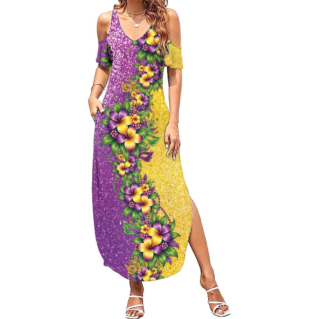 Hawaii Mardi Gras Family Matching Summer Maxi Dress and Hawaiian Shirt Plumeria Lei Beads Glitter Style