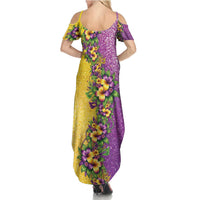 Hawaii Mardi Gras Family Matching Summer Maxi Dress and Hawaiian Shirt Plumeria Lei Beads Glitter Style