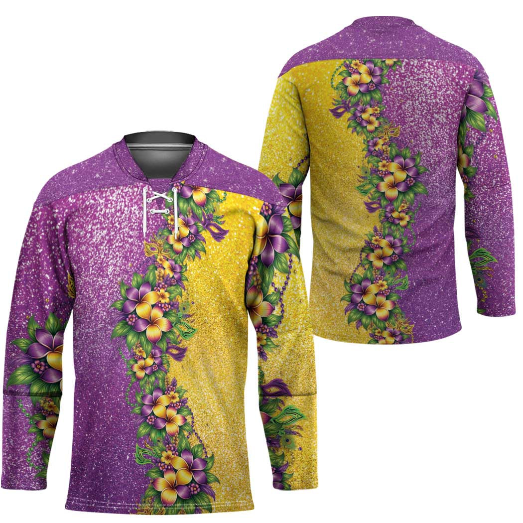 Hawaii Mardi Gras Hockey Jersey Plumeria Lei Beads Glitter Style