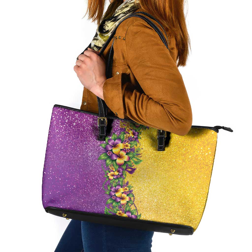 Hawaii Mardi Gras Leather Tote Bag Plumeria Lei Beads Glitter Style