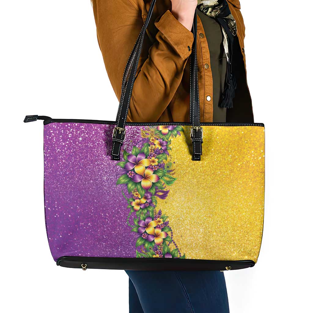 Hawaii Mardi Gras Leather Tote Bag Plumeria Lei Beads Glitter Style
