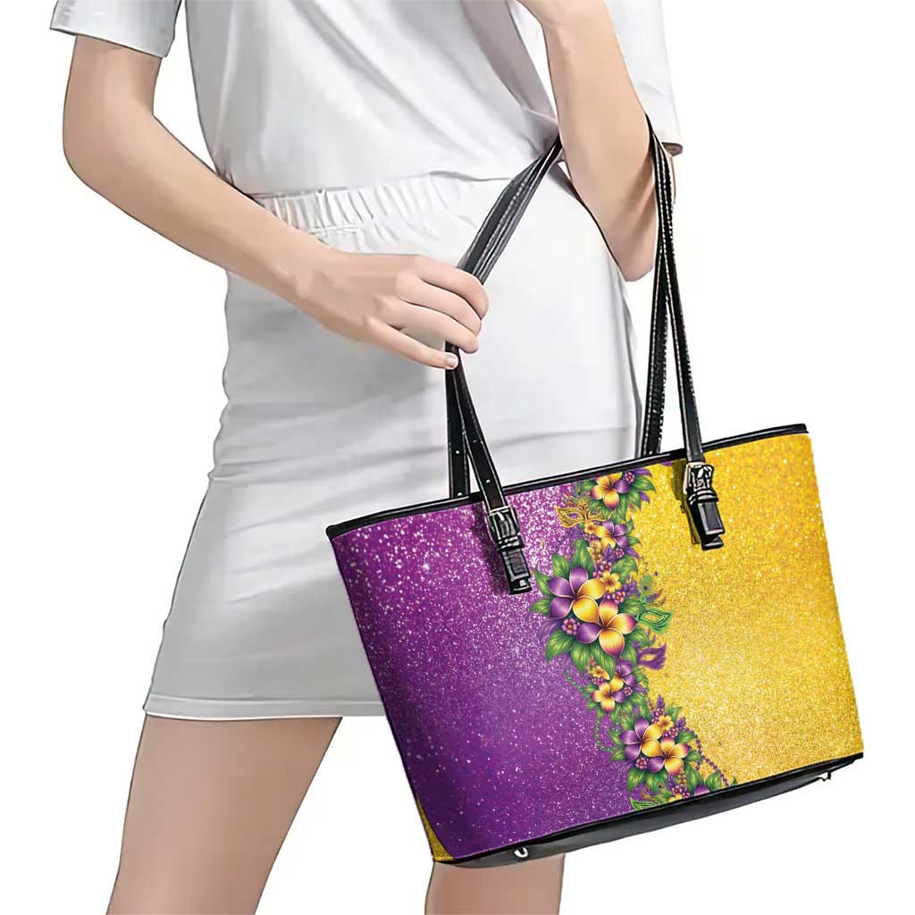 Hawaii Mardi Gras Leather Tote Bag Plumeria Lei Beads Glitter Style