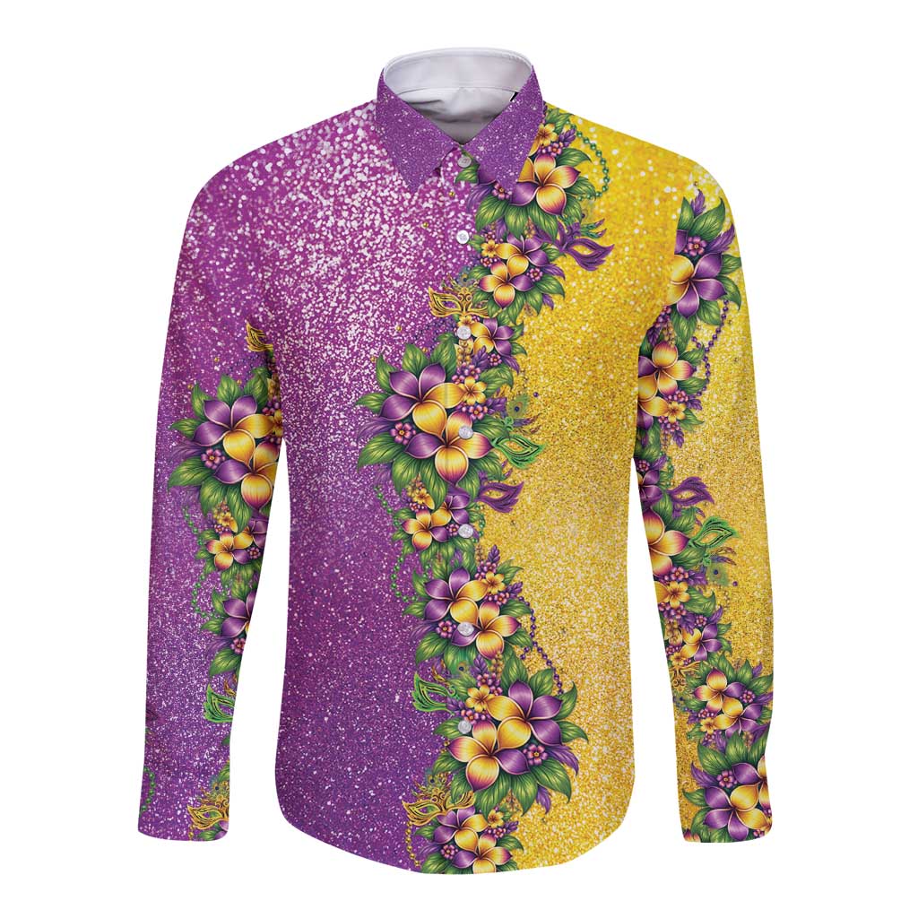 Hawaii Mardi Gras Long Sleeve Button Shirt Plumeria Lei Beads Glitter Style LT05 Unisex Colorful - Polynesian Pride