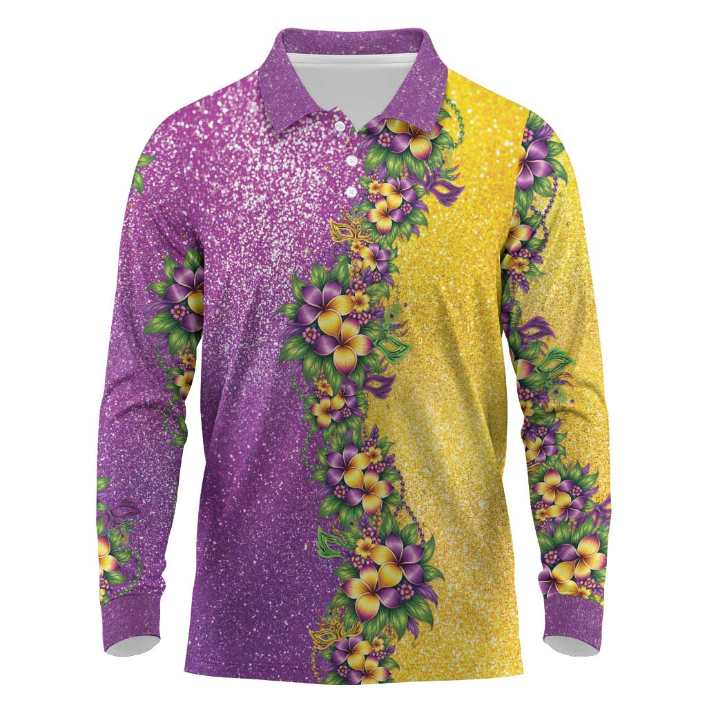 Hawaii Mardi Gras Long Sleeve Polo Shirt Plumeria Lei Beads Glitter Style