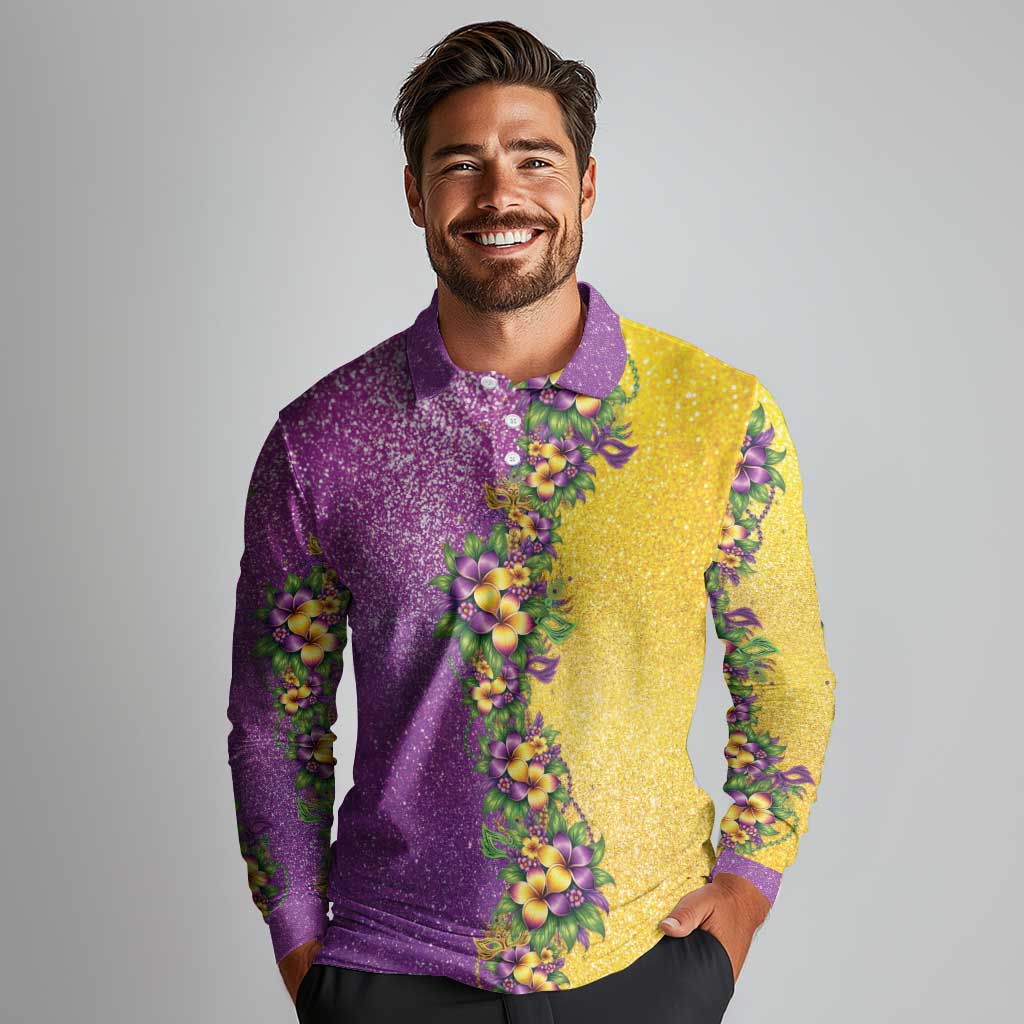 Hawaii Mardi Gras Long Sleeve Polo Shirt Plumeria Lei Beads Glitter Style