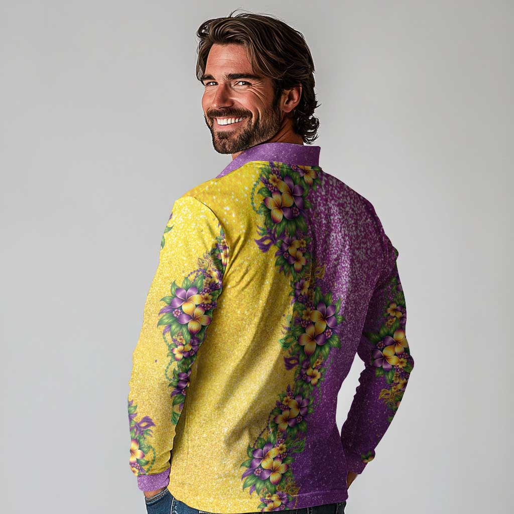 Hawaii Mardi Gras Long Sleeve Polo Shirt Plumeria Lei Beads Glitter Style