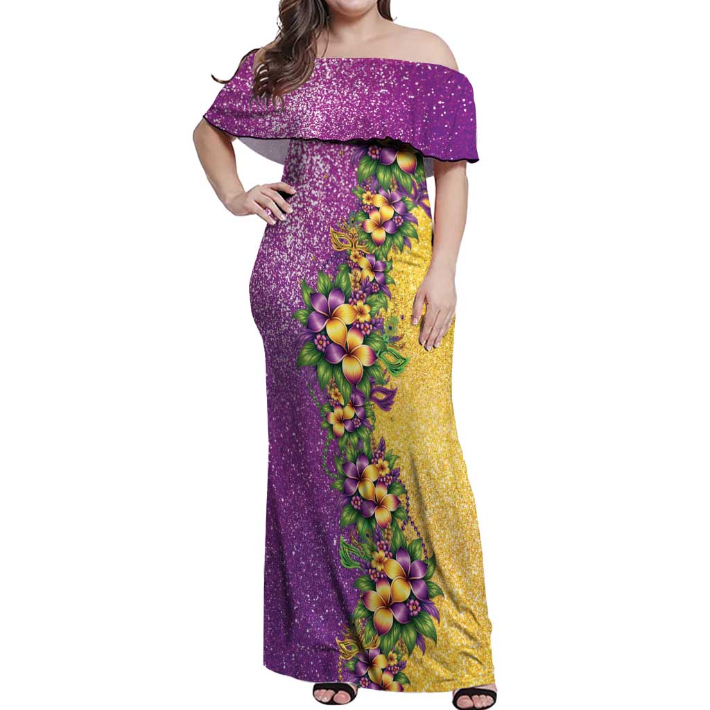 Hawaii Mardi Gras Off Shoulder Maxi Dress Plumeria Lei Beads Glitter Style LT05 Women Colorful - Polynesian Pride