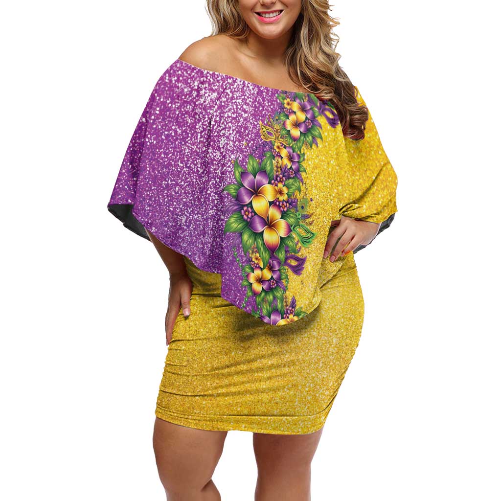 Hawaii Mardi Gras Off Shoulder Short Dress Plumeria Lei Beads Glitter Style LT05 Women Colorful - Polynesian Pride