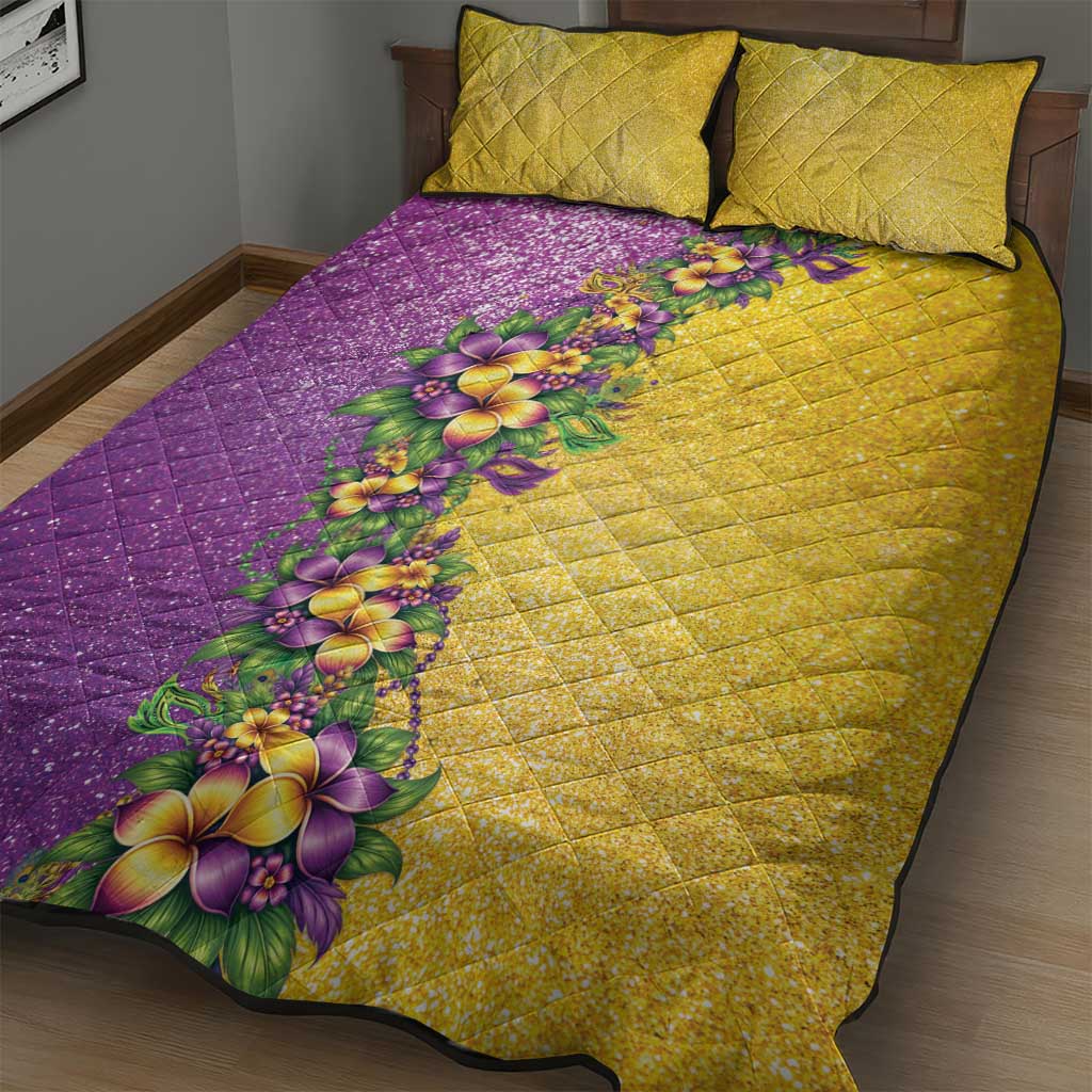 Hawaii Mardi Gras Quilt Bed Set Plumeria Lei Beads Glitter Style