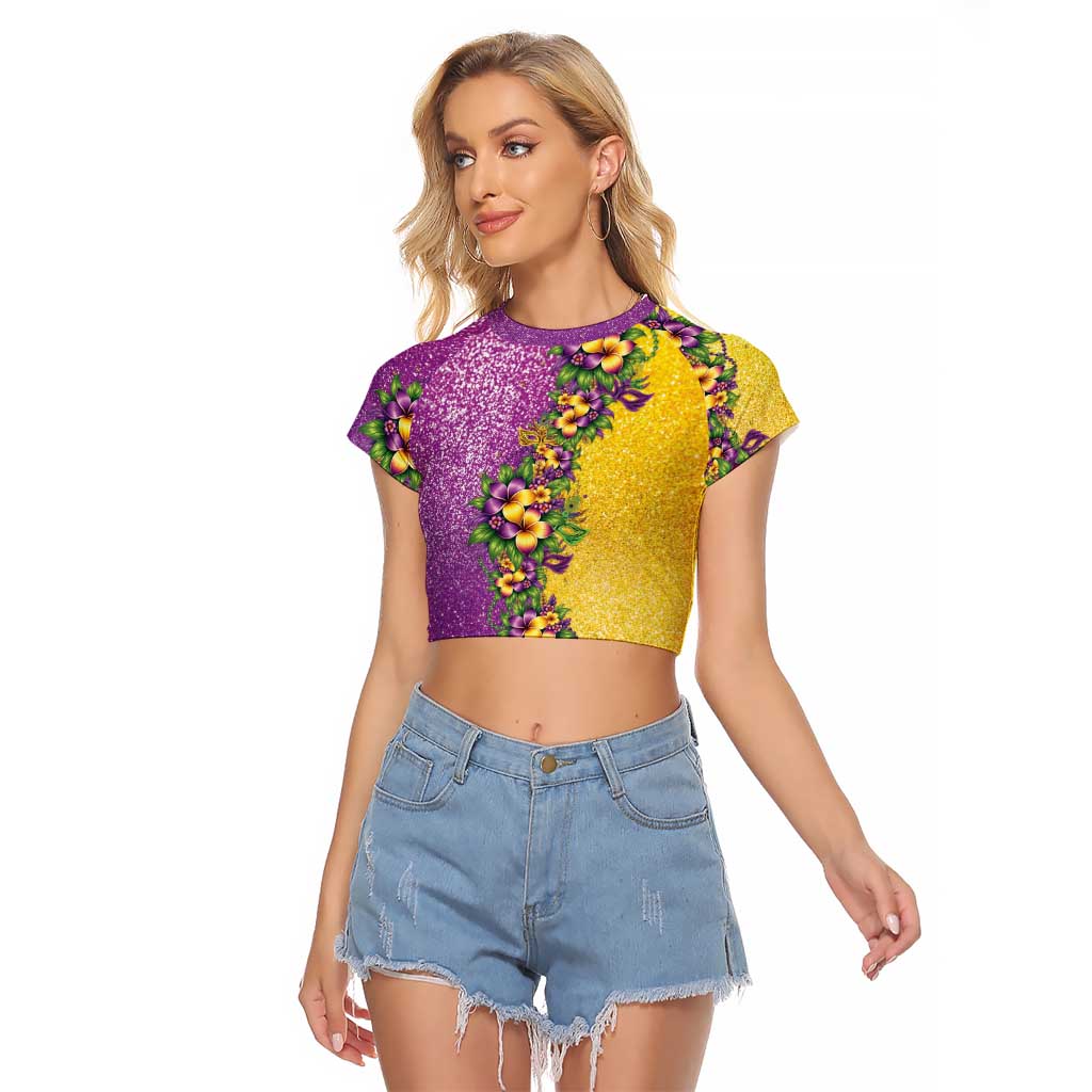 Hawaii Mardi Gras Raglan Cropped T Shirt Plumeria Lei Beads Glitter Style