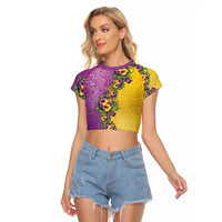 Hawaii Mardi Gras Raglan Cropped T Shirt Plumeria Lei Beads Glitter Style