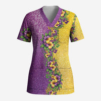 Hawaii Mardi Gras Scrub Top Plumeria Lei Beads Glitter Style