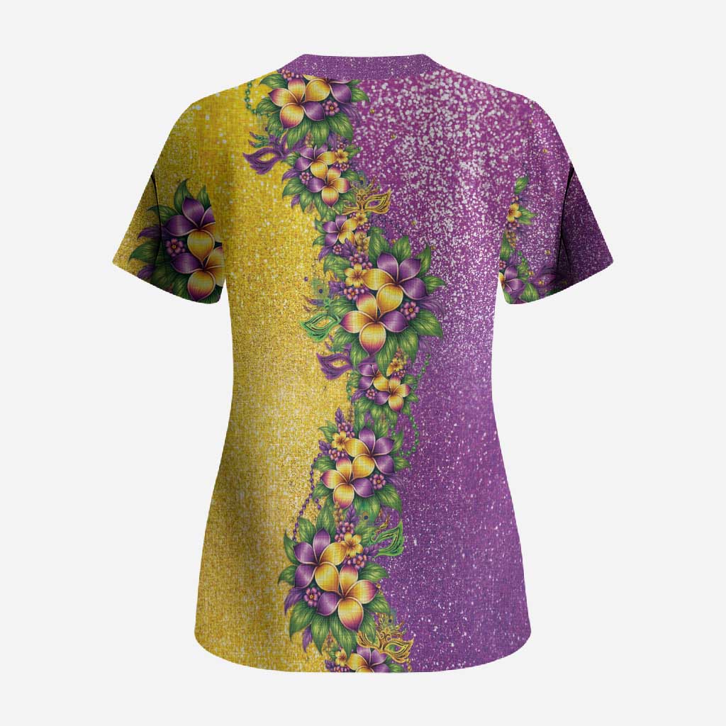 Hawaii Mardi Gras Scrub Top Plumeria Lei Beads Glitter Style