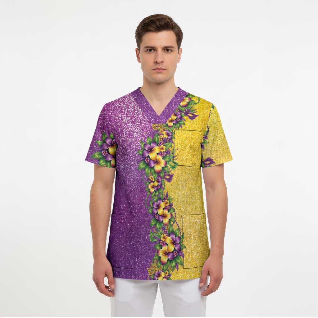 Hawaii Mardi Gras Scrub Top Plumeria Lei Beads Glitter Style