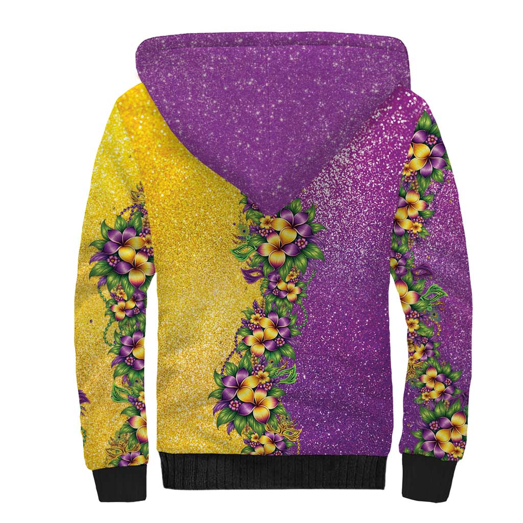 Hawaii Mardi Gras Sherpa Hoodie Plumeria Lei Beads Glitter Style