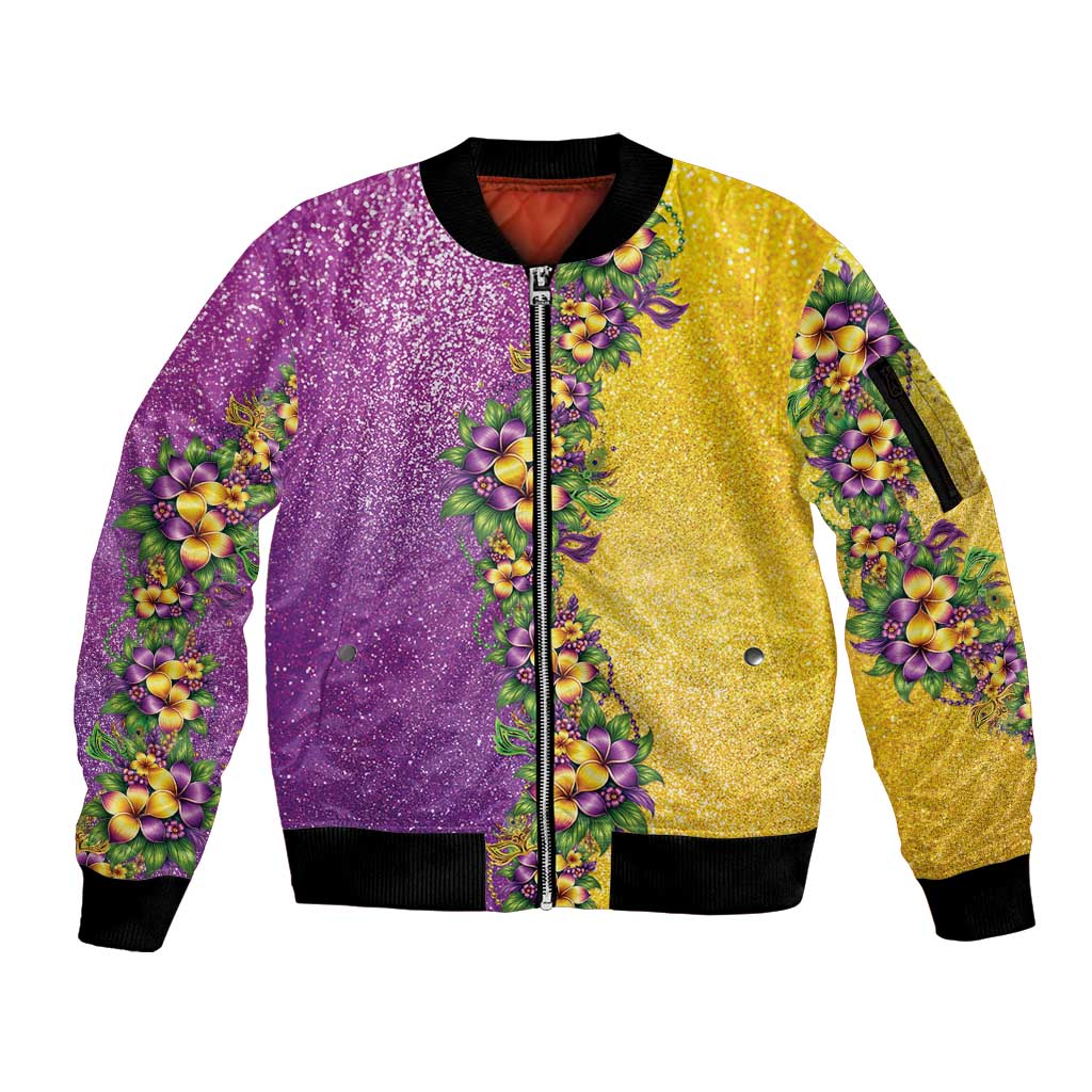 Hawaii Mardi Gras Sleeve Zip Bomber Jacket Plumeria Lei Beads Glitter Style LT05 Unisex Colorful - Polynesian Pride