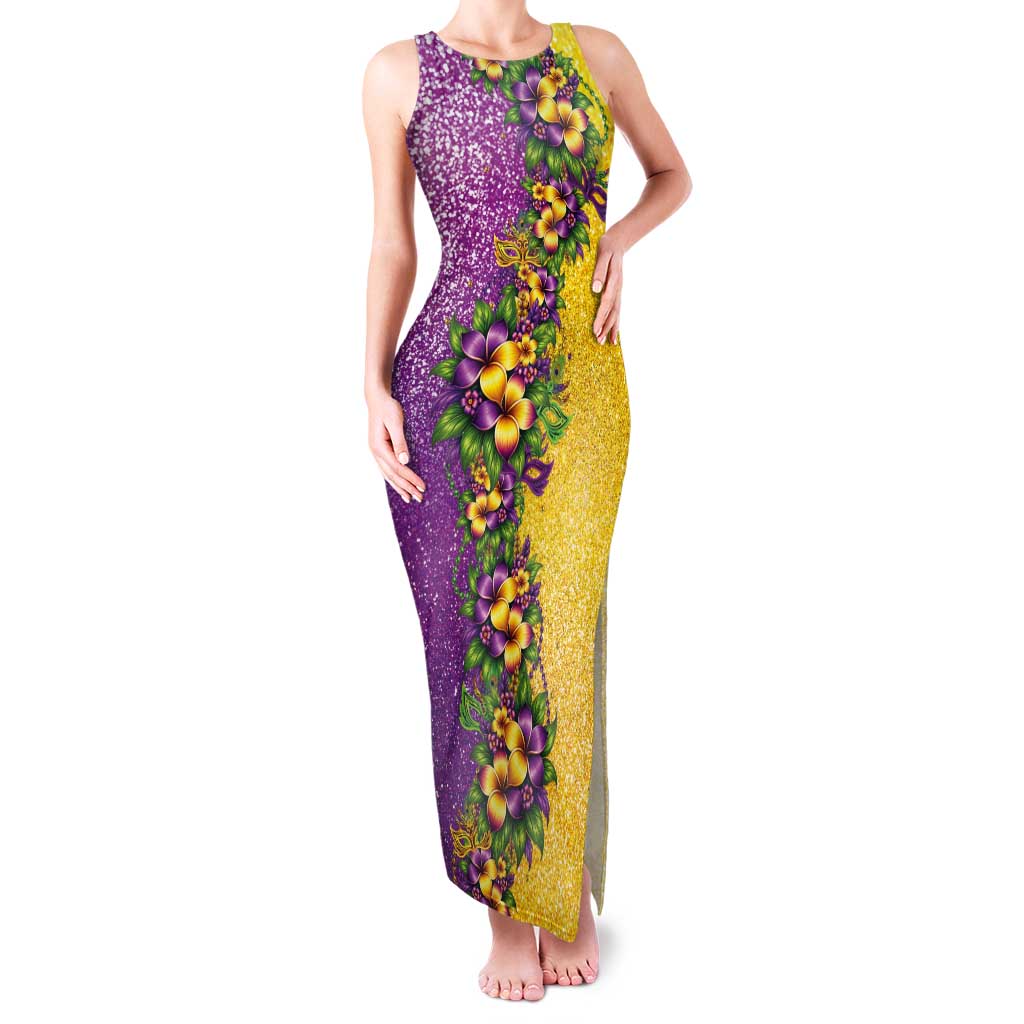 Hawaii Mardi Gras Tank Maxi Dress Plumeria Lei Beads Glitter Style