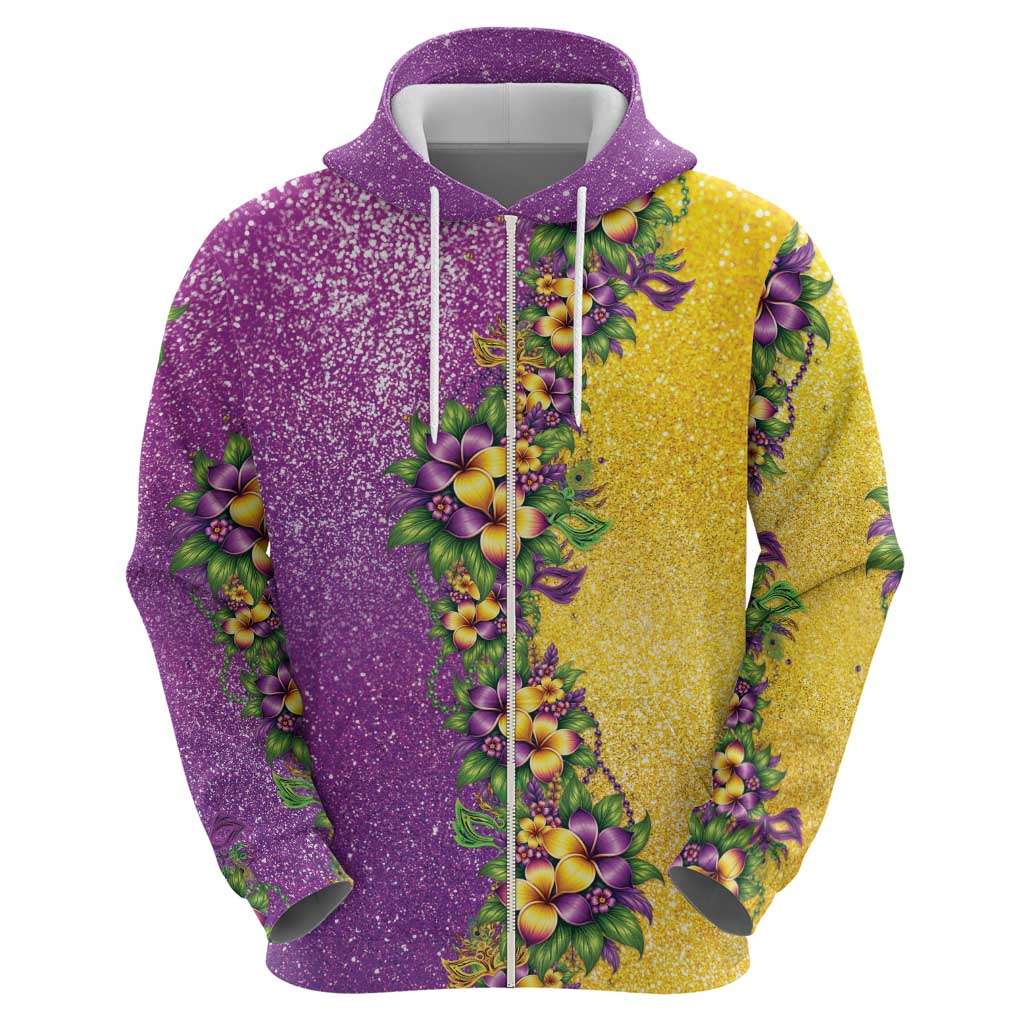 Hawaii Mardi Gras Zip Hoodie Plumeria Lei Beads Glitter Style